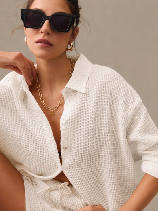 DONNI. Tops - Donni Waffle Knit Button Down Shirt Coastal Minimal Off White Medium